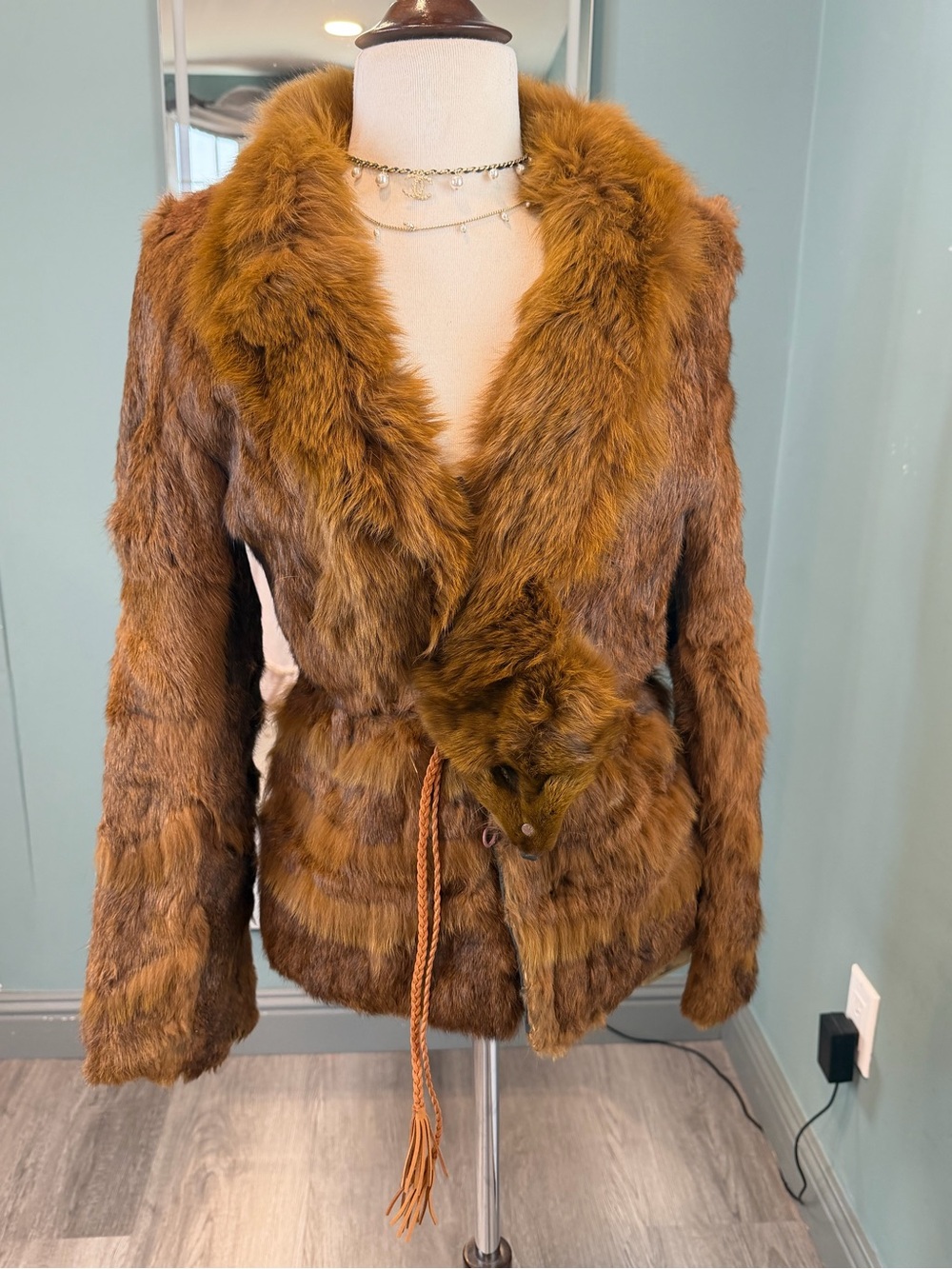 Vintage Brown Rabbit Fur Jacket Fox Fur Collar S